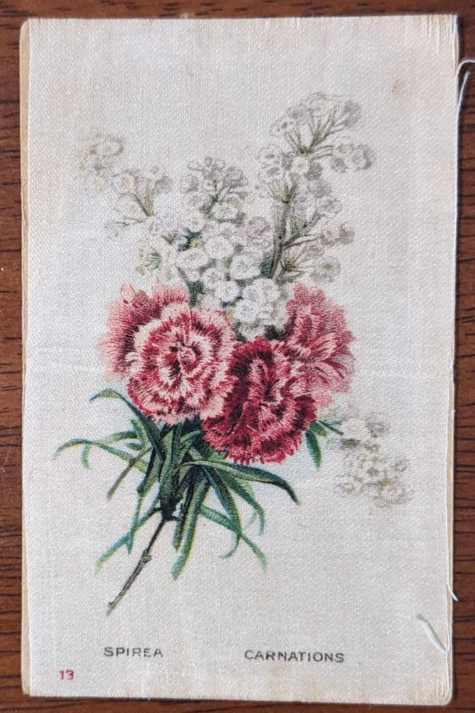 Floral silk card with pink and red carnations and green leaves