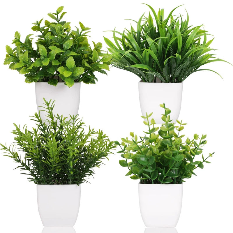 4 Pot Small Fake Plant Flowerpot Artificial Plastic Eucalyptus Plant Wheat Gr... Green Plant