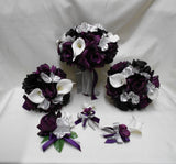 Silk Flower Wedding Bridal Bouquet Purple Plum Eggplant Silver Calla Lily 18 pcs Hydrangea