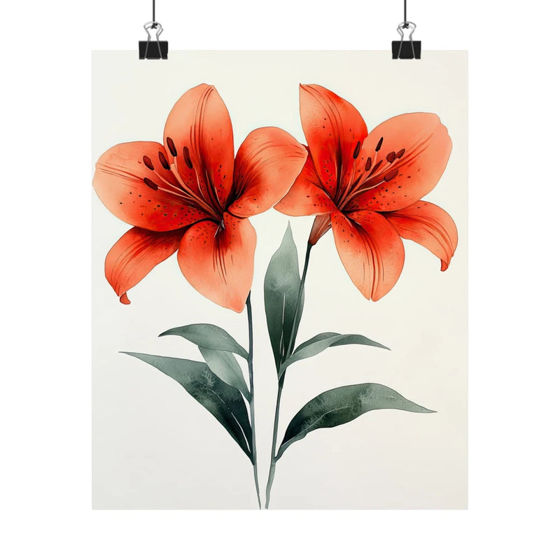 Minimalist floral art print poster with orange-red lily flowers and green leaves