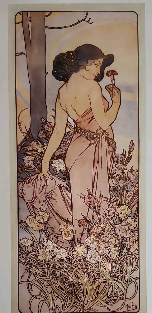 Art Nouveau flower print featuring a nude woman holding a carnation among blooms