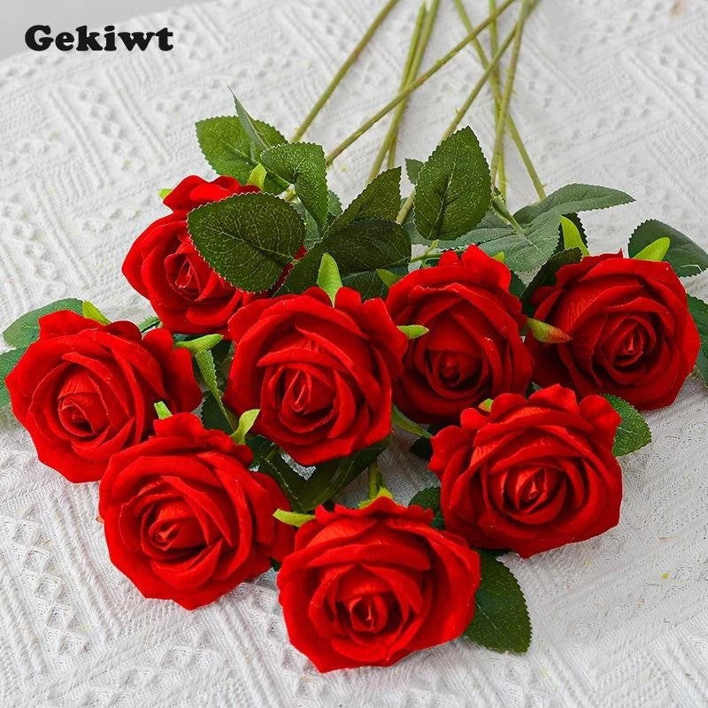 Artificial red rose bouquet with green leaves and stems, realistic flower heads