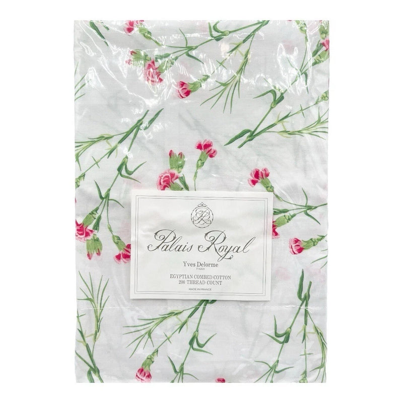 Boudoir pillow sham with white base and pink floral sprig pattern, scalloped edges