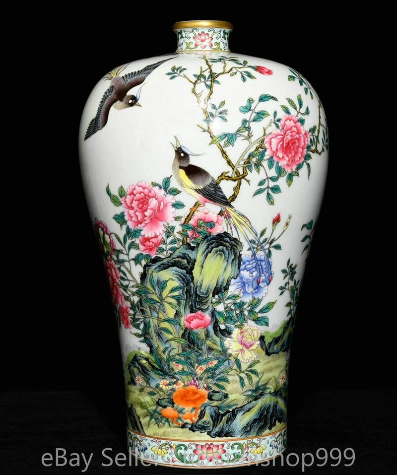 Pastel porcelain vase with peony flowers and birds, Chinese Yongzheng mark