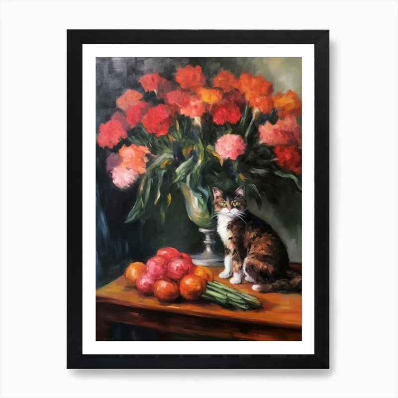 Framed wall art print with carnation bouquet, cat sitting by vase and fruit