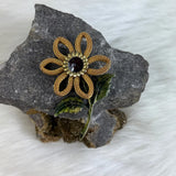 Vintage Mid-Century Sunflower Brooch w/ Gold tone Metal Mesh Petals and Enameled Sunflower