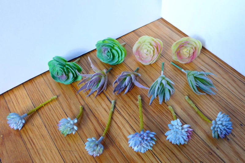 Set of 14 mini artificial flocked plants, mixed green, blue, and pastel succulents