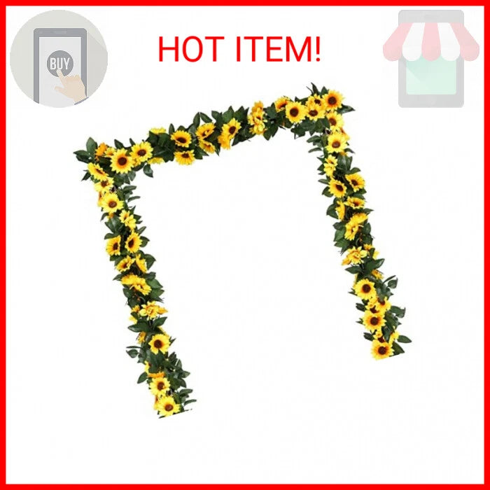 Artificial sunflower vine garland with yellow blooms and green leaves, circular wreath style