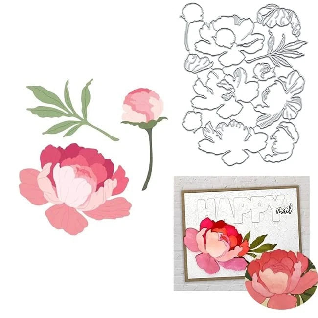 Peony flower metal die cuts with layered pink blooms and green leaves