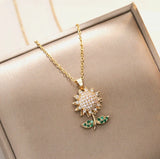 Gold Titanium Sunflower Spin Pave Green Cubic Zirconia Pendant Chain Necklace Sunflower