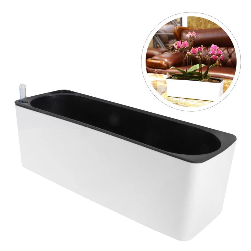 Self-watering rectangular plant pot with black inner basin and side fill tube