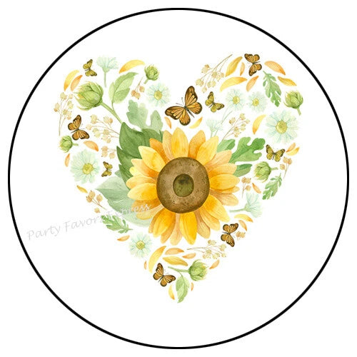 Round envelope seal sticker with sunflower center, floral heart wreath, butterflies, black border