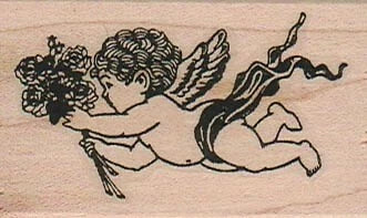 Cupid rubber stamp with bouquet, winged cherub outline in black ink