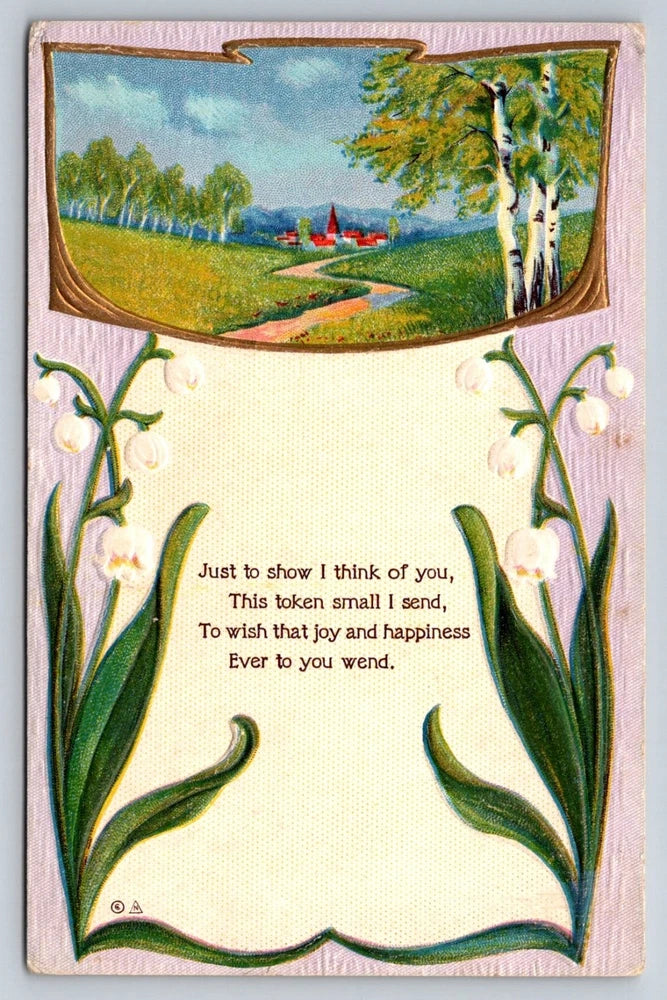 Vintage lily of the valley postcard with floral border and poem message on front
