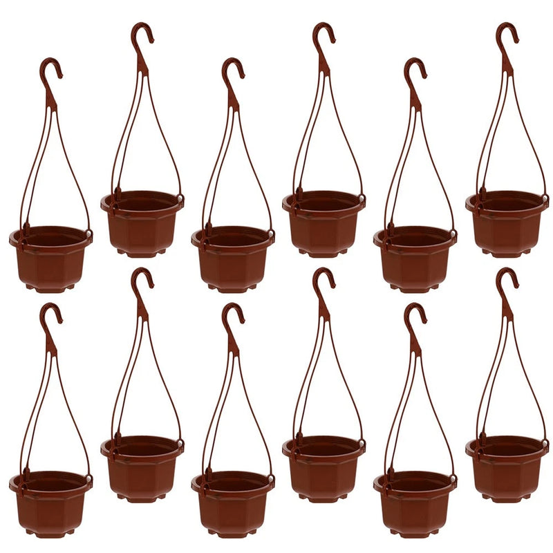 Set of 12 hanging terracotta plastic flower pots with metal hook handles