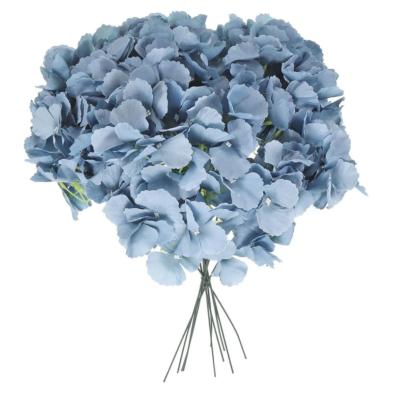 10Pcs Artificial Silk Hydrangea Flower Heads with Stems for Decor, Grey Blue Hydrangea
