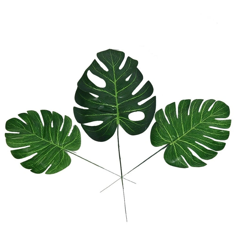 Artificial monstera plant leaves, dark green set of 3 with thin stems
