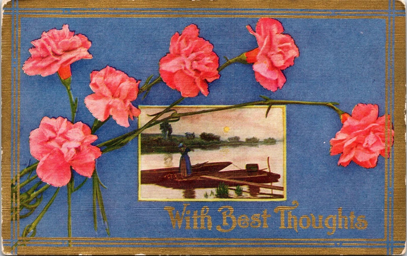 Postcard With Best Thoughts Pink Carnations Flowers Flat Boat Water Inset Carnation