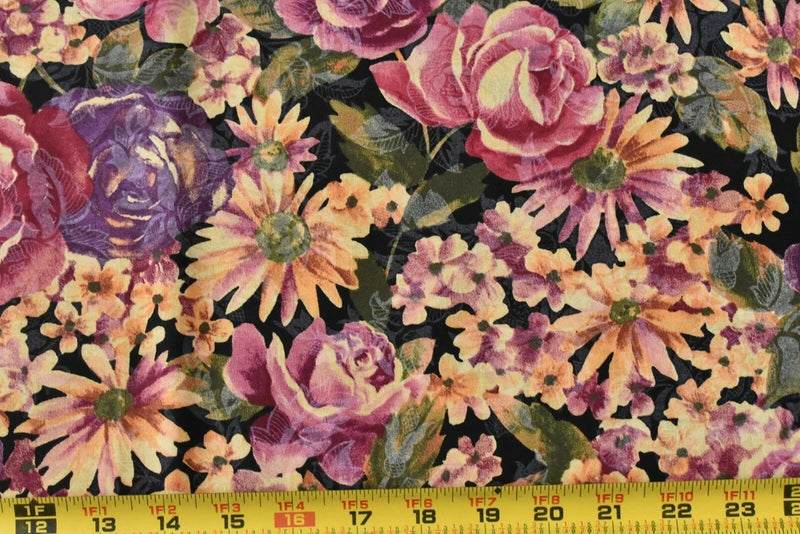 By 1/2 Yd, Large Lavender & Rose Floral on Black Cotton/Classic Cottons, P3838 Flowering Plants