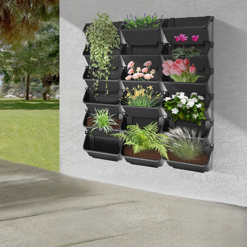 Black hanging vertical wall planter set with multiple PP compartments for plants