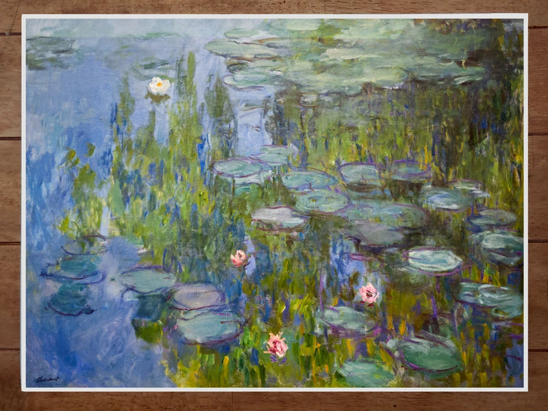 Claude Monet water lilies poster, 18x24 in, green pond with pink flowers