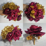 Burgundy Gold Rose Hydrangea Bridal Wedding Bouquet Accessories Bouquet