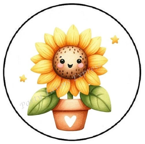 Smiley sunflower envelope seal sticker with face in terracotta flower pot, green leaves
