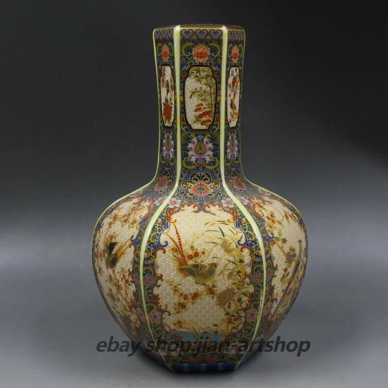 8.9" China Colour Enamels Porcelain Gild Bamboo Peony Flower Magpie Bird Vase Peony