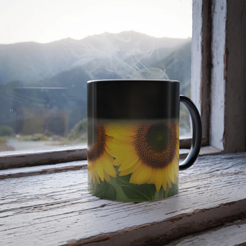 11oz sunflower graphic color-morphing mug with black handle and side artwork