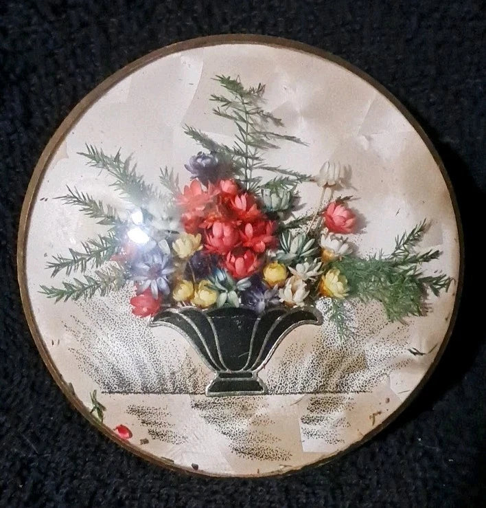 Dried flower wall art dome frame, round 4-inch with vase of red and yellow blooms and greenery