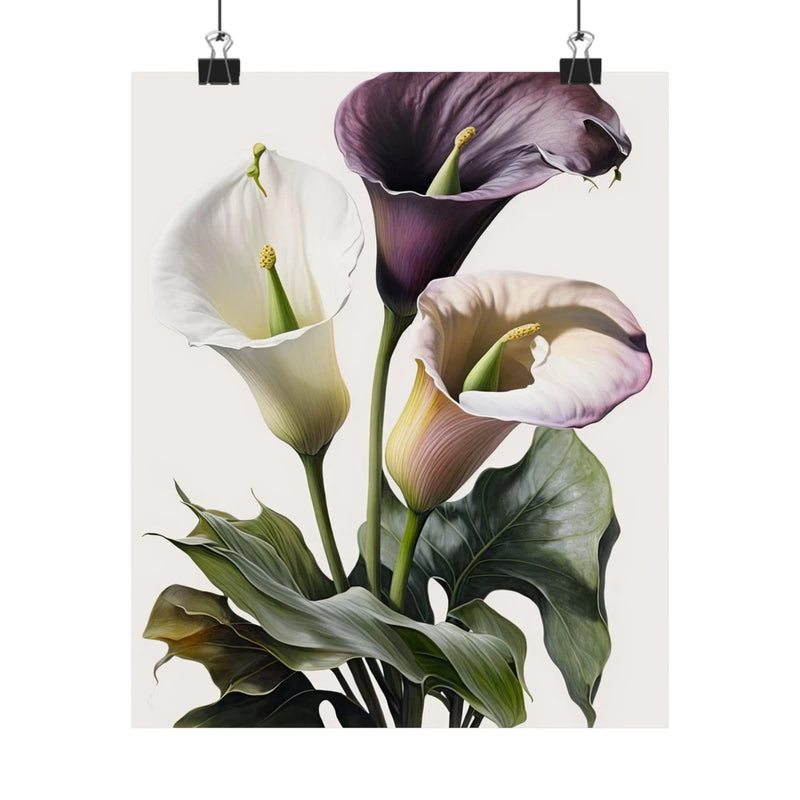 Floral calla lily flowers poster with lavender and white blooms, green leaves