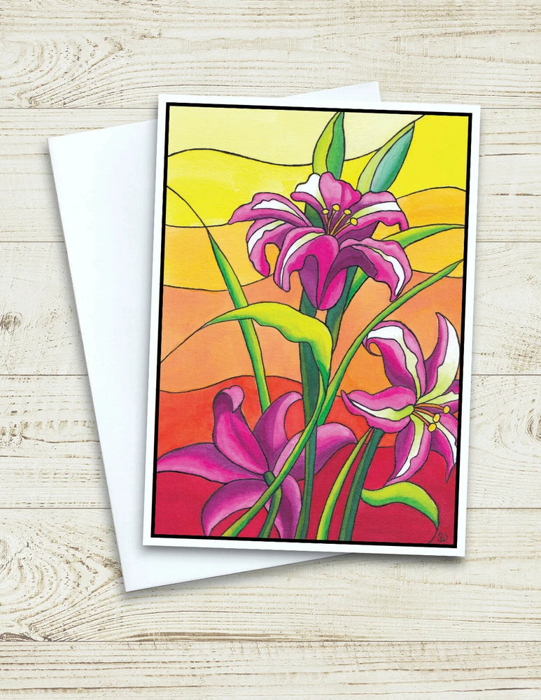 Stained glass-style lily blank greeting card with pink and purple flowers on yellow background