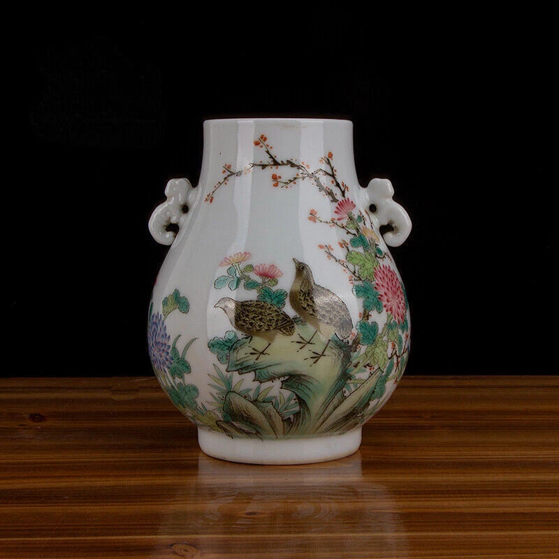 7.1" China Colour Enamels Porcelain Peony Flower Animal Bird Two Ear Vases Peony