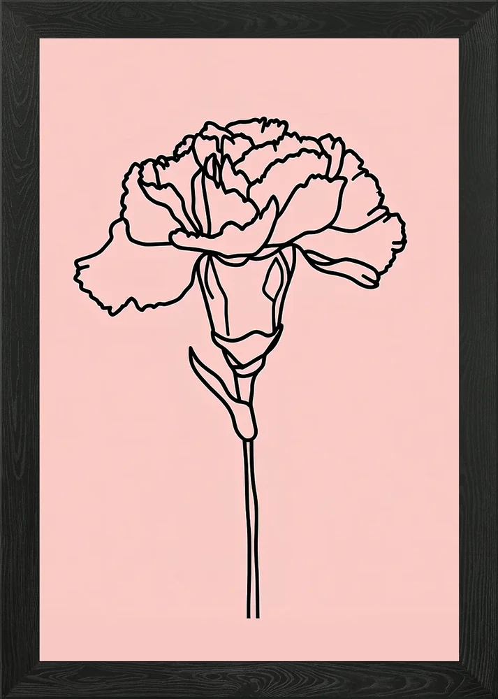 Framed minimalist carnation line art wall print with stem, black frame
