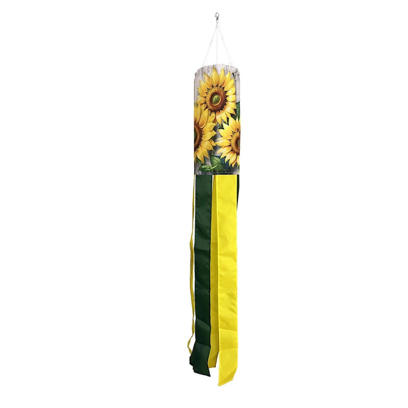 Sunflower windsock wind twister with yellow flower print and green accents, hanging streamer tail