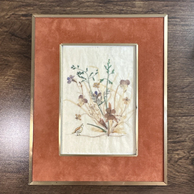 Vintage botanical pressed-flower framed art with small quail illustration