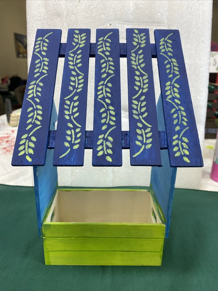 Blue small herb garden planter with painted leaf panels and green inner tray