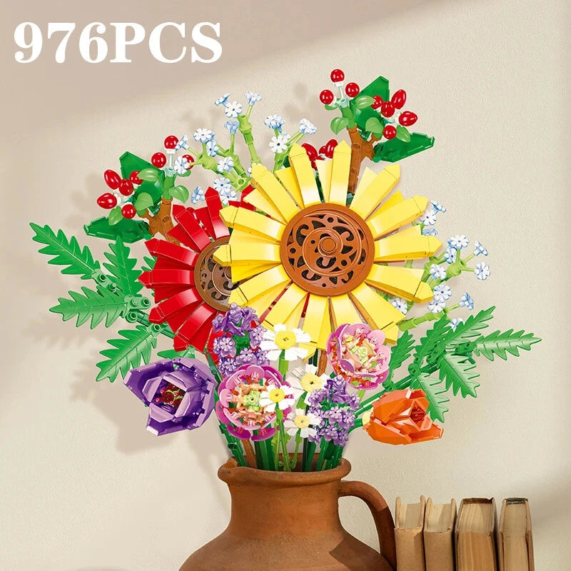 976PCS Preserved Flower Bouquet Building Blocks Sunflower Tulip Starry Lavender Sunflower