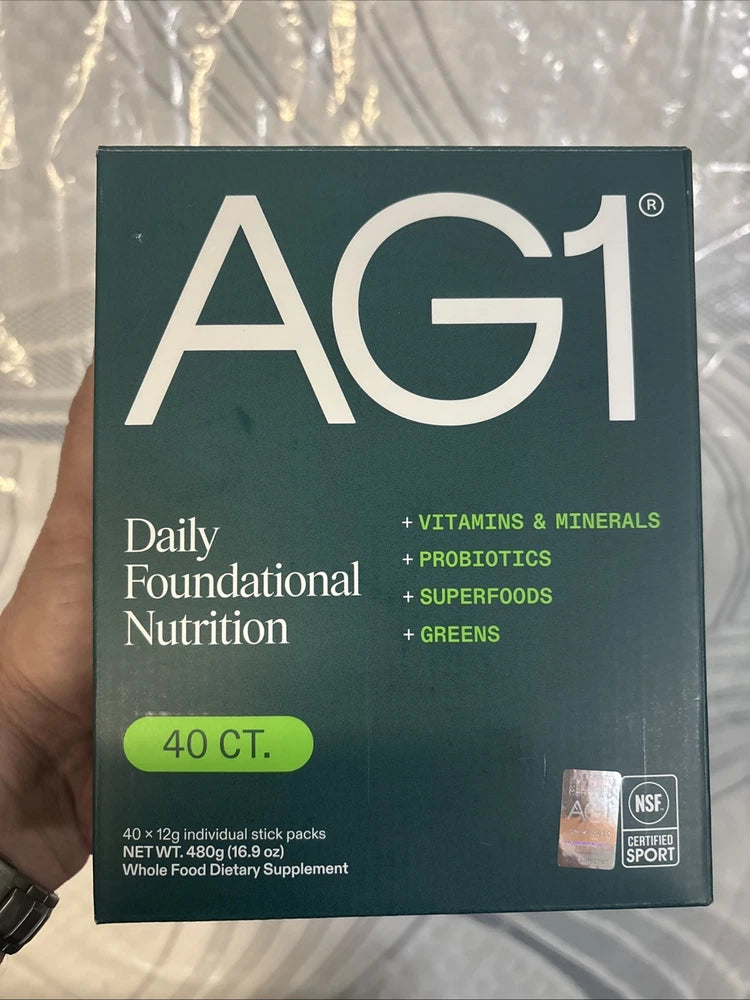 AG1 greens powder supplement box, green 40 ct, daily foundational nutrition, 40 stick packs