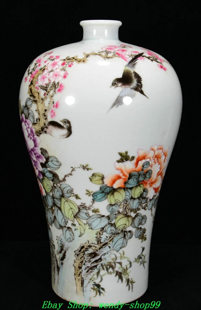 White porcelain vase with colorful peony flowers and birds, rounded bottle shape