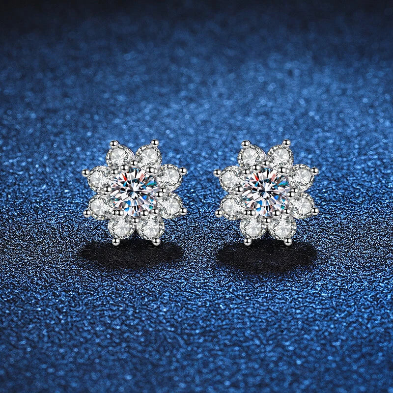0.6-1CT 925 Soild Silver Certified Moissanite Flower Solid  Earrings Women Sunflower