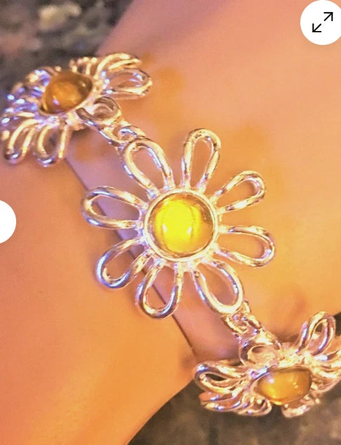 Sunflower glass magnetic bracelet with yellow centers and silver-toned filigree link charms