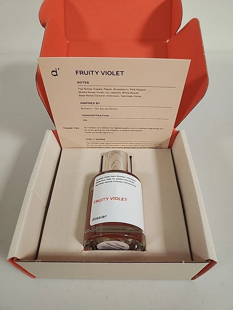 Women’s violet perfume bottle in gift box, glass with silver cap, label reads FRUITY VIOLET