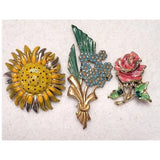 Vtg Enamel Flower Brooches 80s Style Gold Tone Sunflower Pink Rose Bouquet Pins Sunflower