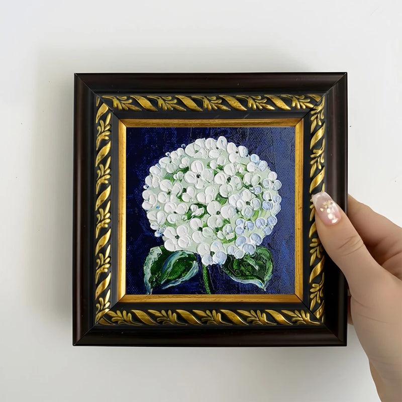 White Hydrangea Flower Painting on 4x4 inch Brown Gold Framed Wall Decor Hydrangea