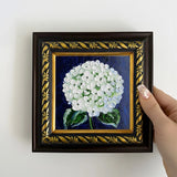 White Hydrangea Flower Painting on 4x4 inch Brown Gold Framed Wall Decor Hydrangea
