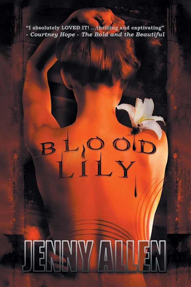 Book cover artwork with dark-haired woman holding a white lily flower
