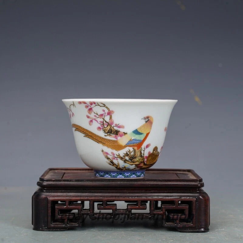 3.3" Good Chinese Colour Enamels Porcelain Animal Cock Rooster Peony Flower Cup Peony