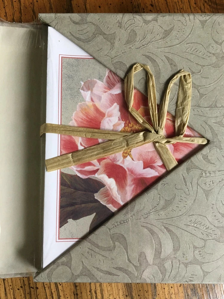 Reusable portfolio set of peony note cards and envelopes, pink flower card tied with ribbon