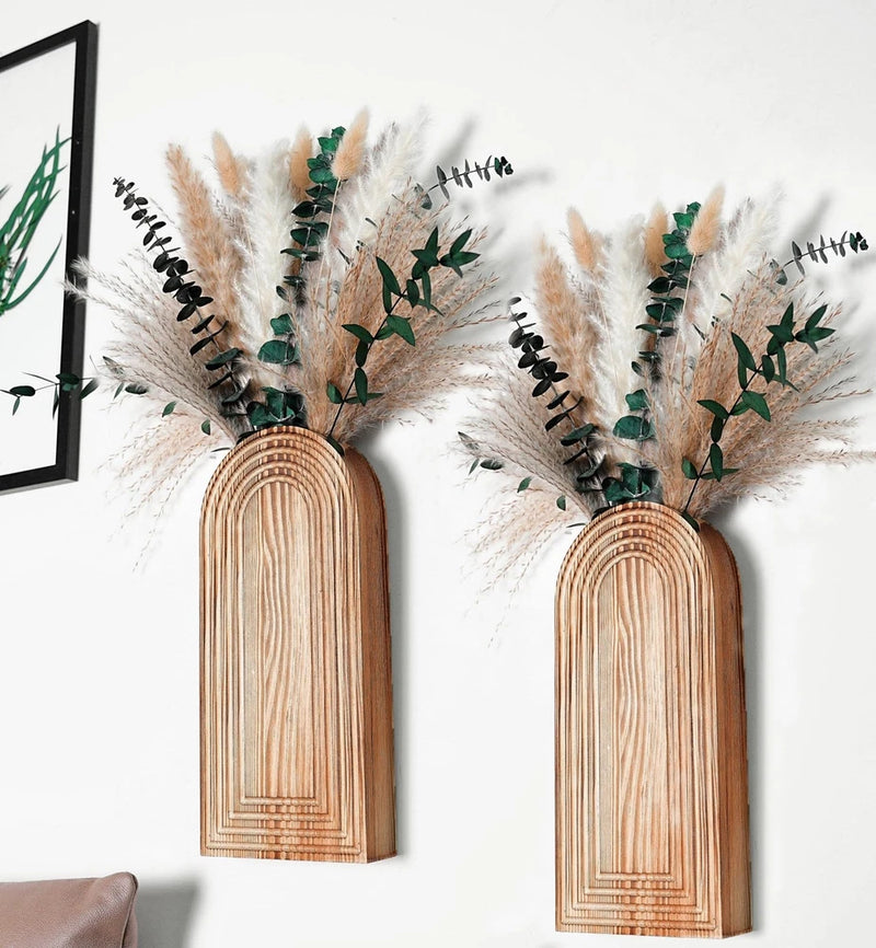 Wooden Vases with Pampas Eucalyptus Boho Set of 2 Pampas Grass